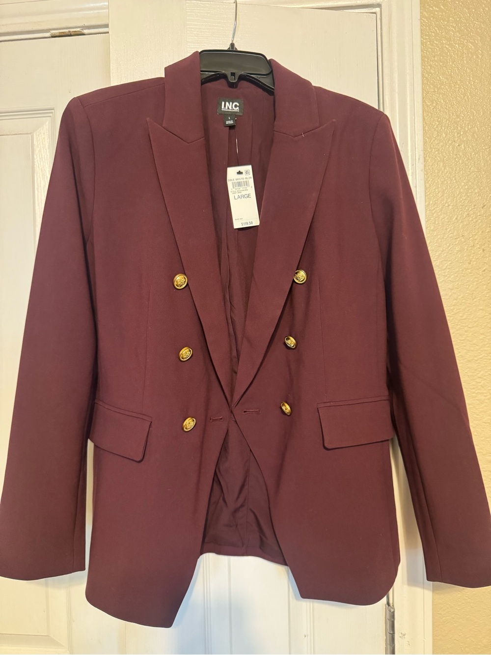 INC International Concepts Women's Wine Double-Breasted Blazer with Gold Buttons